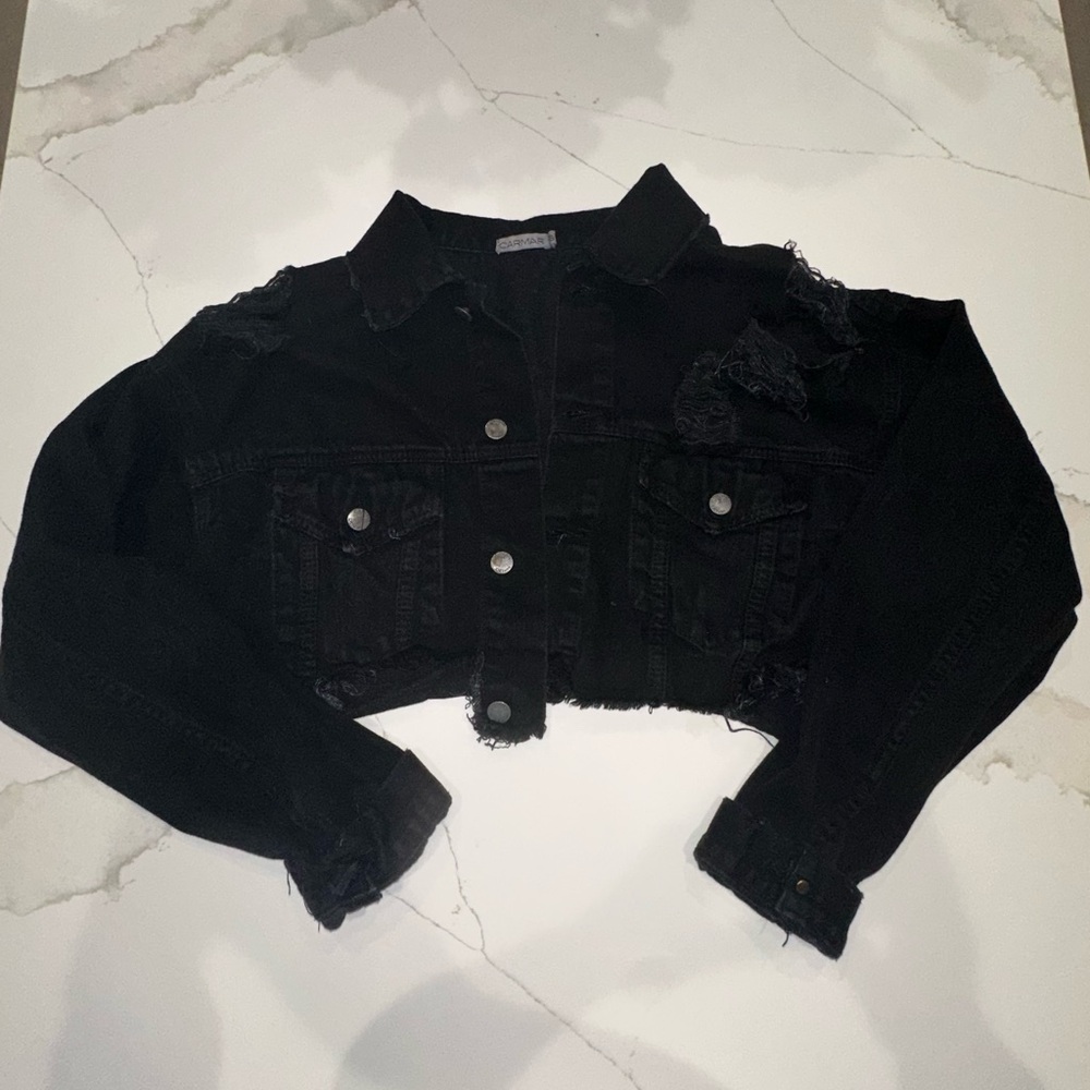CARMAR/LF Black Distressed Cropped Denim Jacket SIZE S